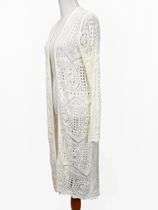 Women's Size M Open Front Crochet Openword Knit Long Cardigan Sweater - Picture 5 of 8